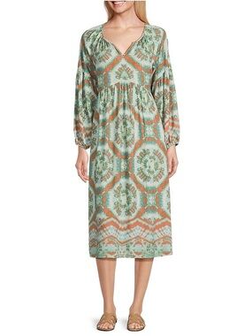 Nurture Westbound Boho Tie Dye Midi Dress M Teal Rust Babydoll Long Sleeve Flowy